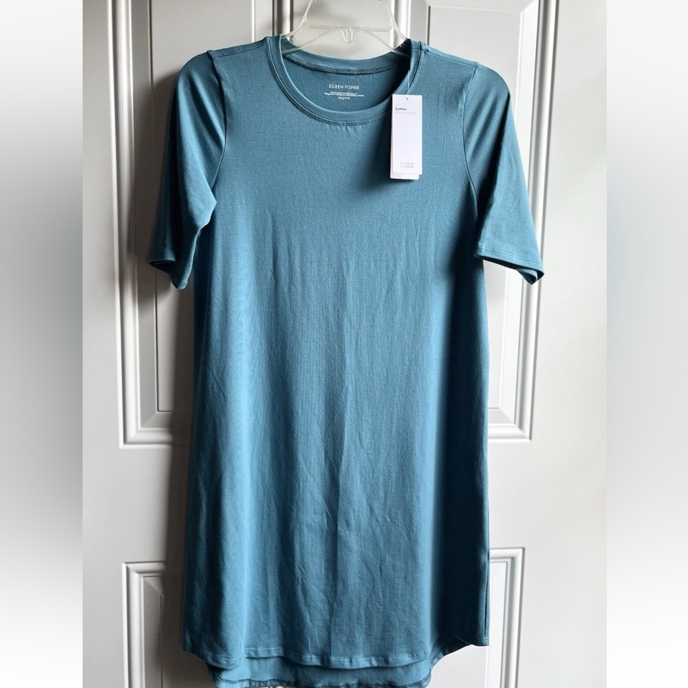 NWT-Eileen Fisher Teal Cotton Short Sleeve Jersey Dress